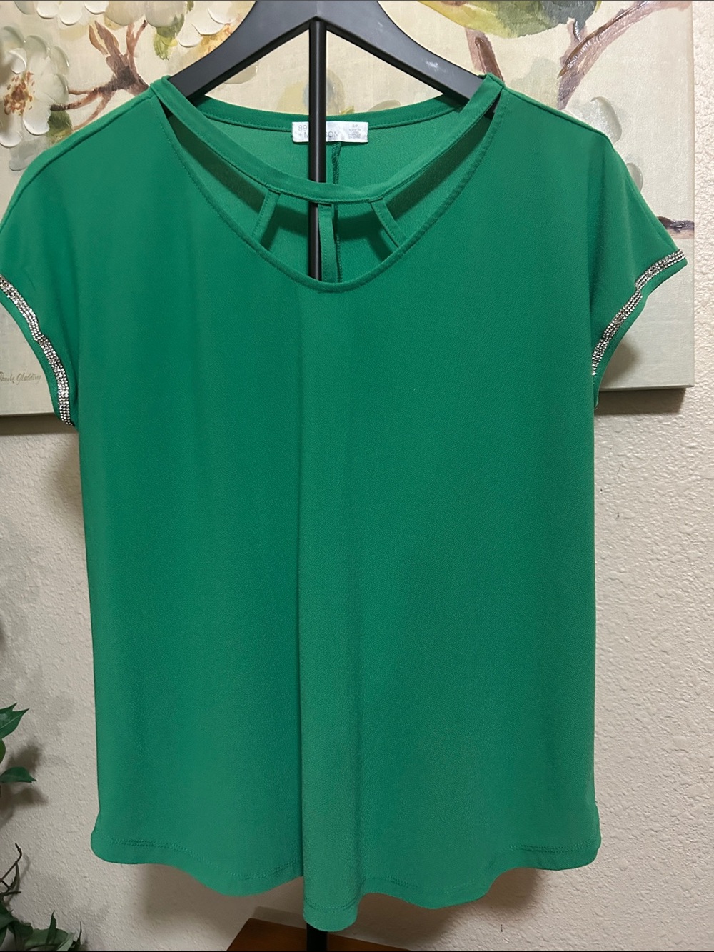 89th & Madison Emerald Green Short-Sleeve Blouse with Beaded Sleeve Trim